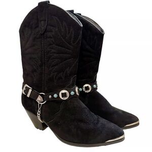 Dingo Black Suede Cowboy Boots with Silver and Turquoise Chain Size 8.5